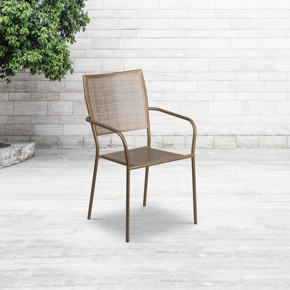 Commercial Grade Gold Indoor-Outdoor Steel Patio Arm Chair with Square Back. Picture 6