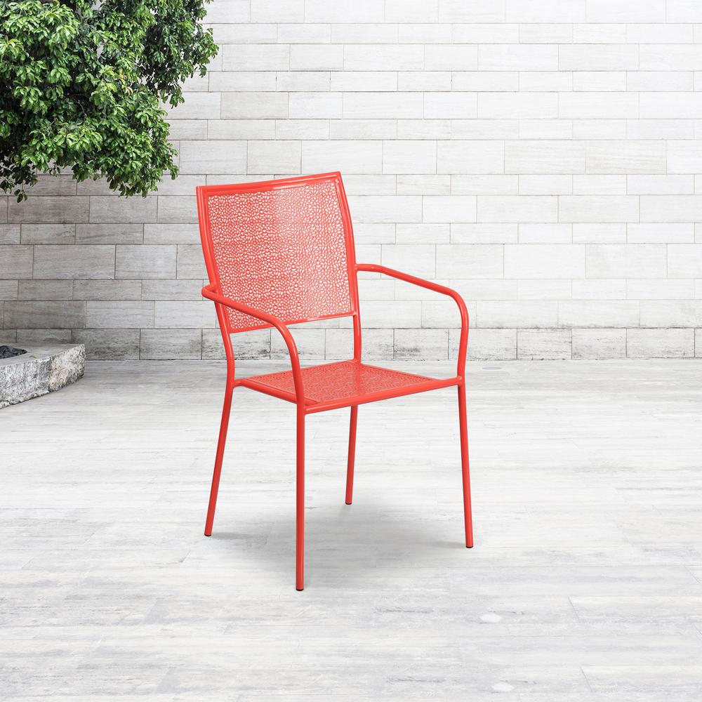 Commercial Grade Coral Indoor-Outdoor Steel Patio Arm Chair with Square Back. Picture 6