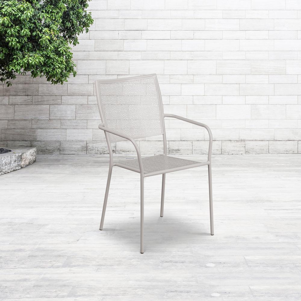 Commercial Grade Light Gray Indoor-Outdoor Steel Patio Arm Chair with Square Back. Picture 6