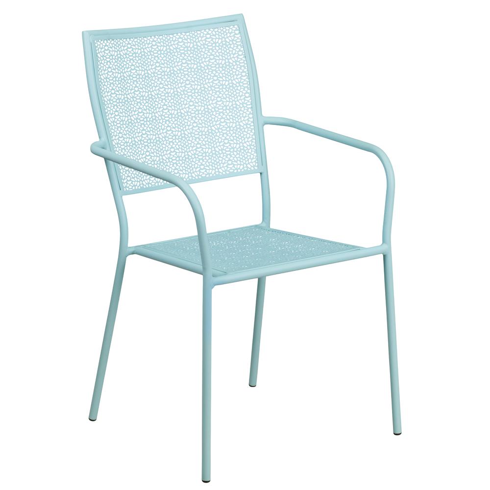 Commercial Grade Sky Blue Indoor-Outdoor Steel Patio Arm Chair with Square Back. Picture 1