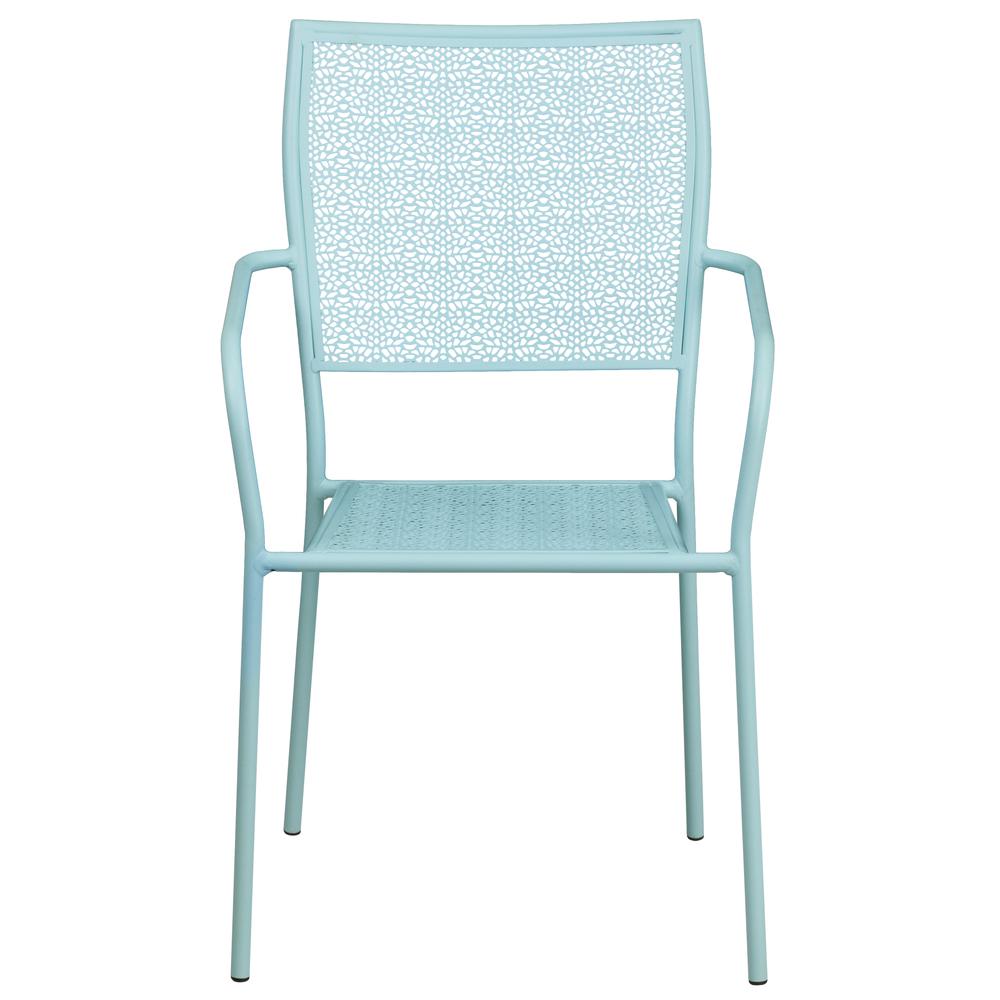 Commercial Grade Sky Blue Indoor-Outdoor Steel Patio Arm Chair with Square Back. Picture 5