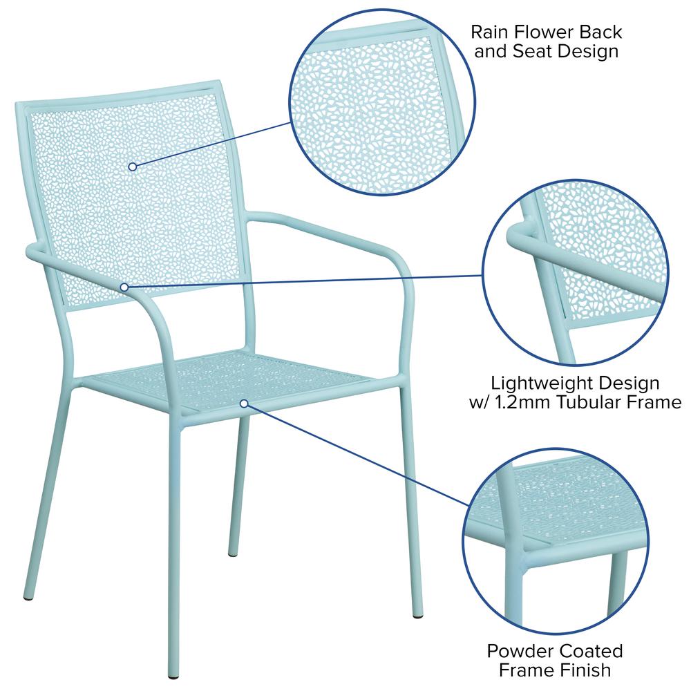 Commercial Grade Sky Blue Indoor-Outdoor Steel Patio Arm Chair with Square Back. Picture 6