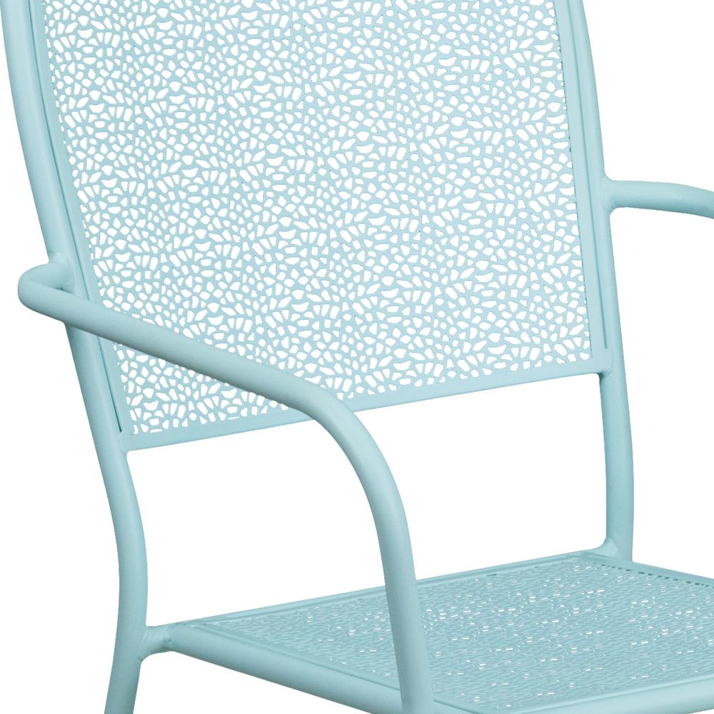 Commercial Grade Sky Blue Indoor-Outdoor Steel Patio Arm Chair with Square Back. Picture 7