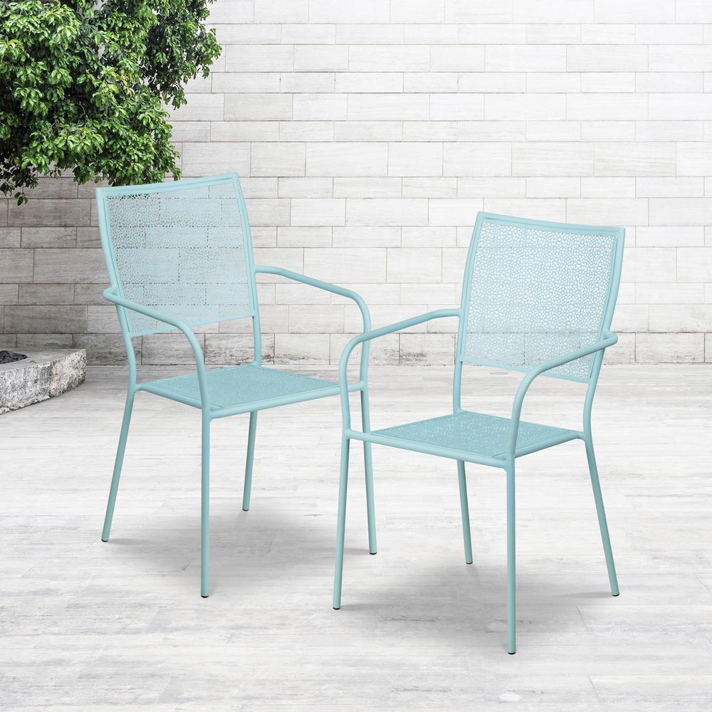 Commercial Grade Sky Blue Indoor-Outdoor Steel Patio Arm Chair with Square Back. Picture 9
