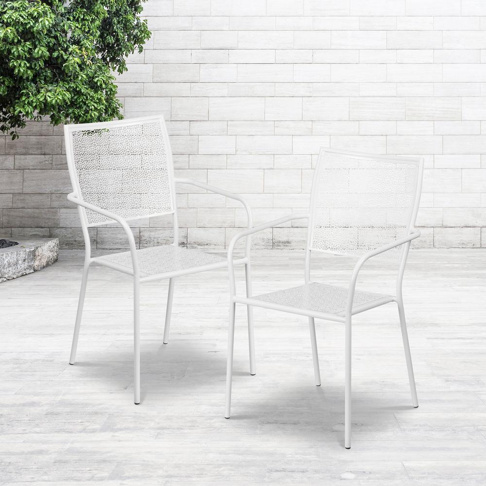 Commercial Grade White Indoor-Outdoor Steel Patio Arm Chair with Square Back. Picture 6