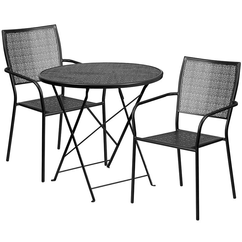Commercial Grade 30" Round Black Indoor-Outdoor Steel Folding Patio Table Set with 2 Square Back Chairs. Picture 1