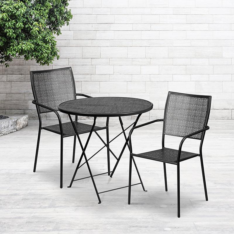 30" Round Black Indoor-Outdoor Steel Folding Patio Table Set with 2 Back Chairs. Picture 1