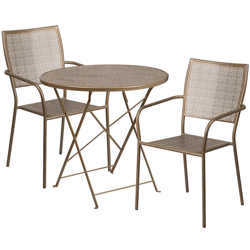 Commercial Grade 30" Round Gold Indoor-Outdoor Steel Folding Patio Table Set with 2 Square Back Chairs. Picture 1