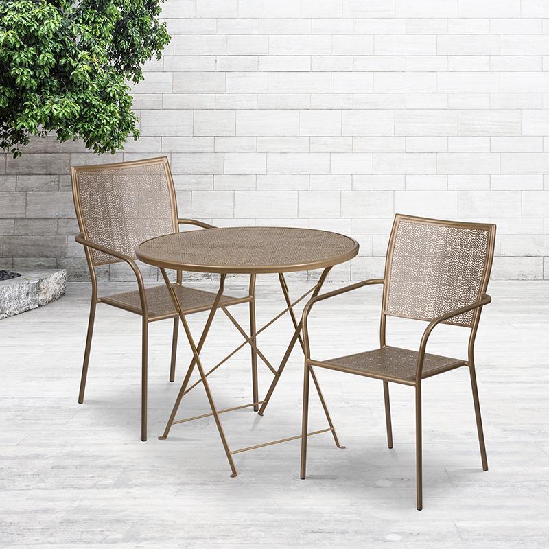 Commercial Grade 30" Round Gold Indoor-Outdoor Steel Folding Patio Table Set with 2 Square Back Chairs. Picture 4
