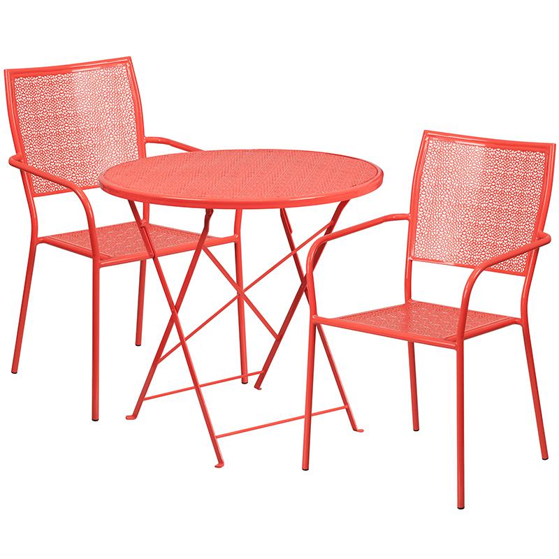 Commercial Grade 30" Round Coral Indoor-Outdoor Steel Folding Patio Table Set with 2 Square Back Chairs. Picture 1