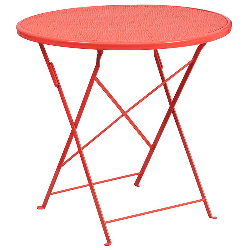 Commercial Grade 30" Round Coral Indoor-Outdoor Steel Folding Patio Table Set with 2 Square Back Chairs. Picture 2
