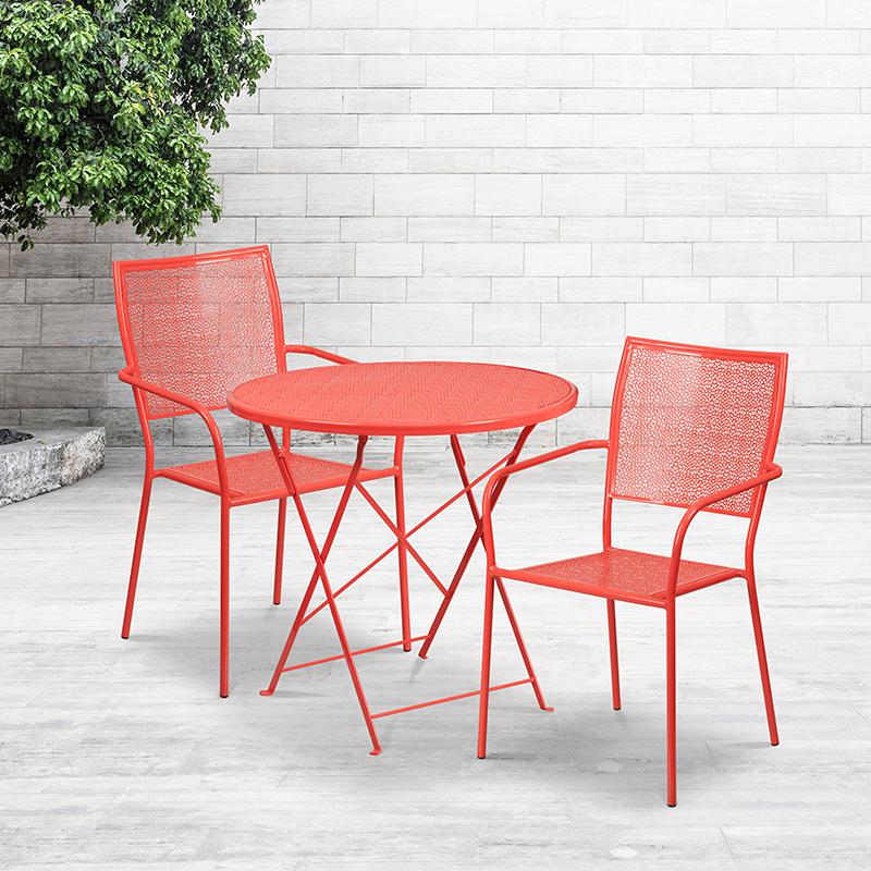Commercial Grade 30" Round Coral Indoor-Outdoor Steel Folding Patio Table Set with 2 Square Back Chairs. Picture 4