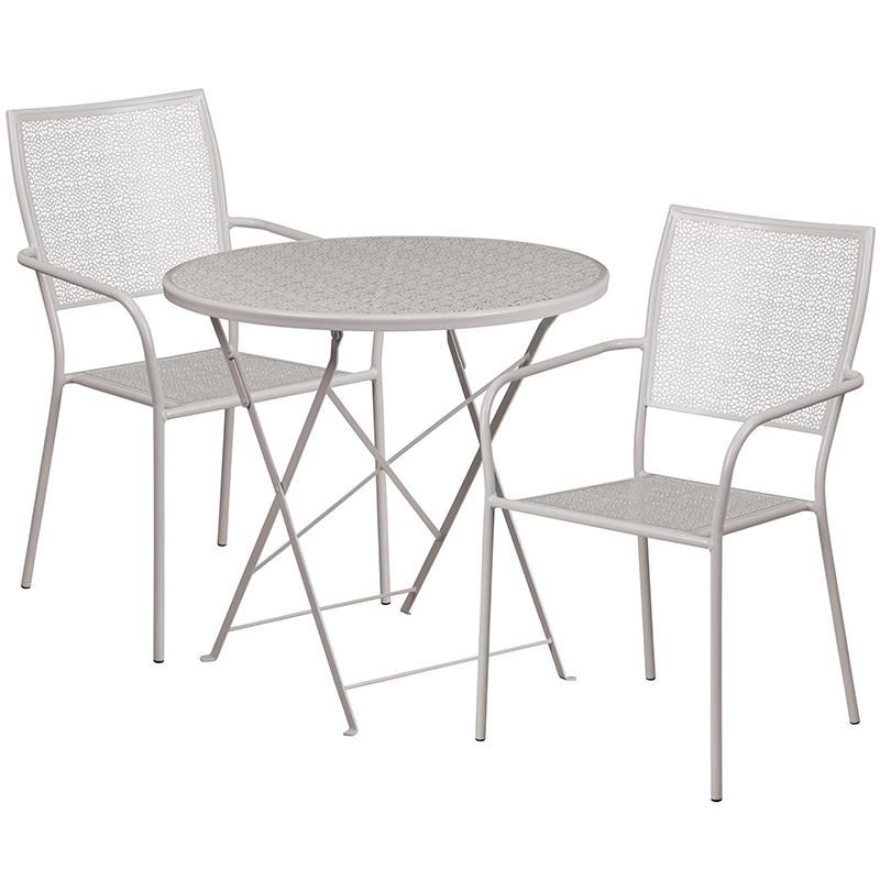 Commercial Grade 30" Round Light Gray Indoor-Outdoor Steel Folding Patio Table Set with 2 Square Back Chairs. The main picture.
