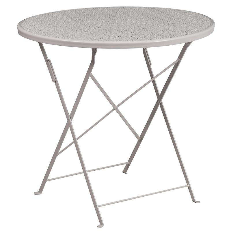 Commercial Grade 30" Round Light Gray Indoor-Outdoor Steel Folding Patio Table Set with 2 Square Back Chairs. Picture 2
