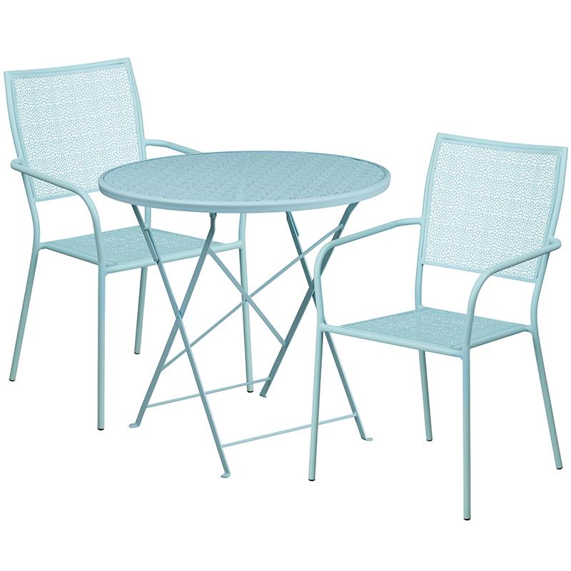 Commercial Grade 30" Round Sky Blue Indoor-Outdoor Steel Folding Patio Table Set with 2 Square Back Chairs. Picture 2