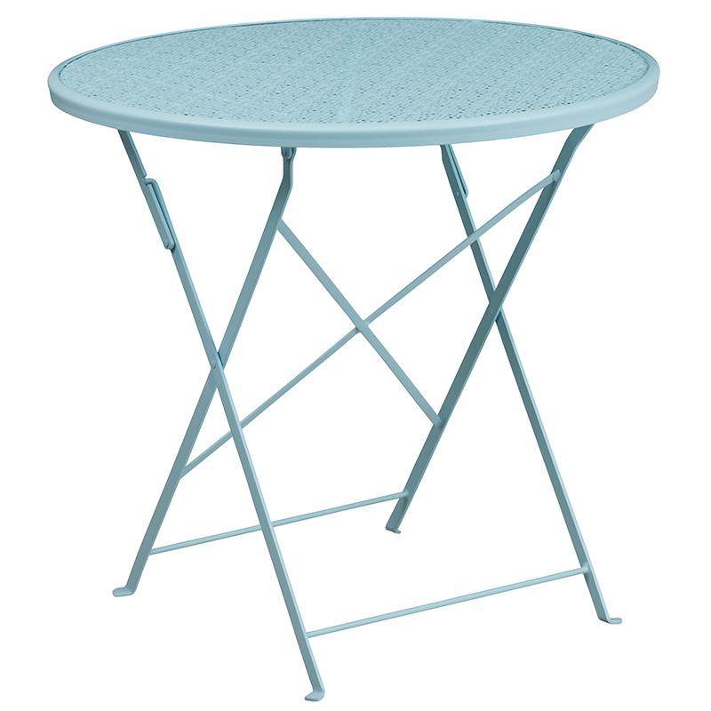 Commercial Grade 30" Round Sky Blue Indoor-Outdoor Steel Folding Patio Table Set with 2 Square Back Chairs. Picture 4