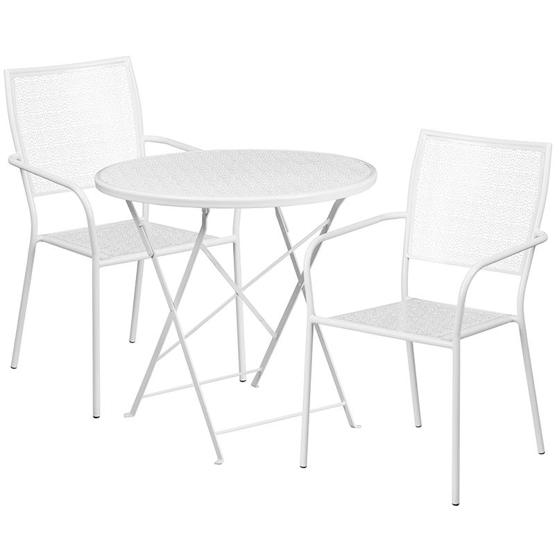 Commercial Grade 30" Round White Indoor-Outdoor Steel Folding Patio Table Set with 2 Square Back Chairs. Picture 1