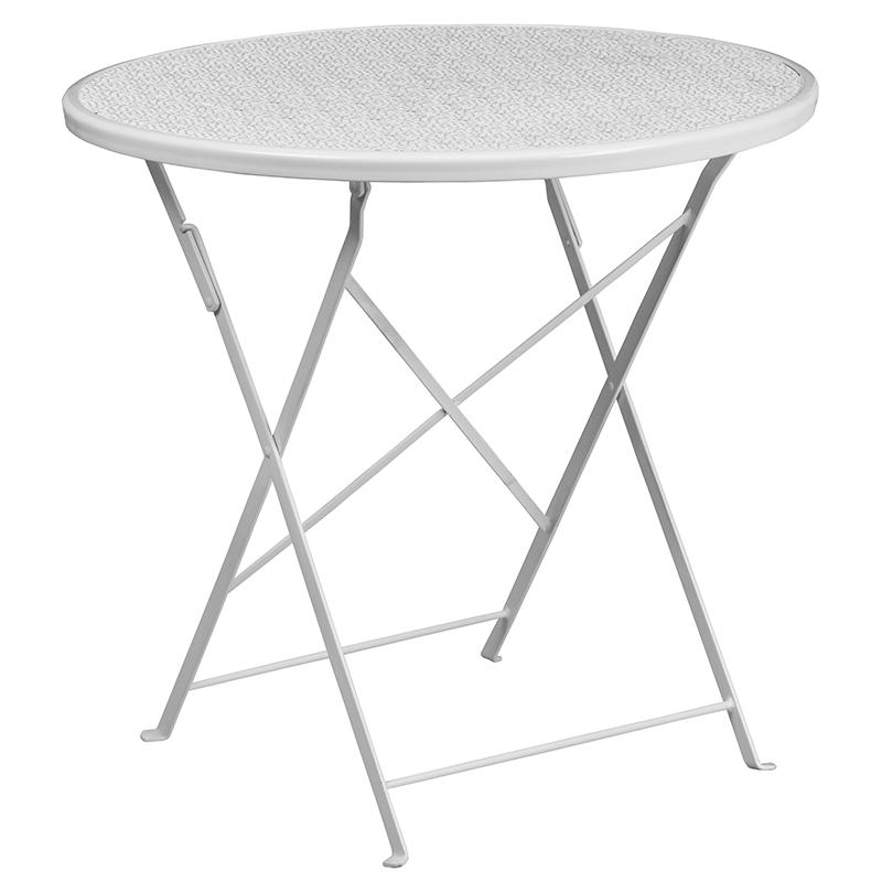 30" Round White Indoor-Outdoor Steel Folding Patio Table Set with 2 Back Chairs. Picture 4