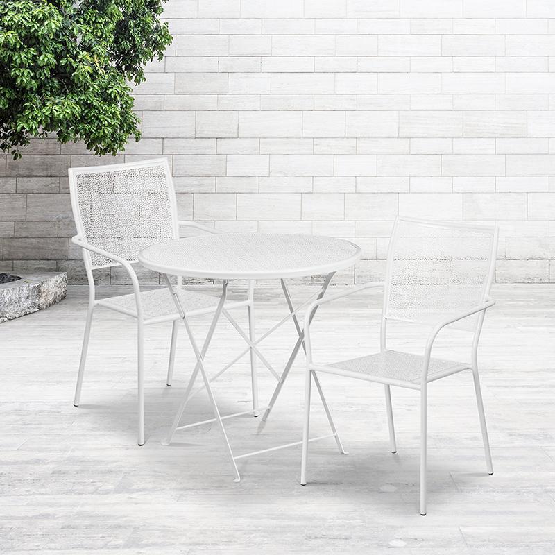 Commercial Grade 30" Round White Indoor-Outdoor Steel Folding Patio Table Set with 2 Square Back Chairs. Picture 4