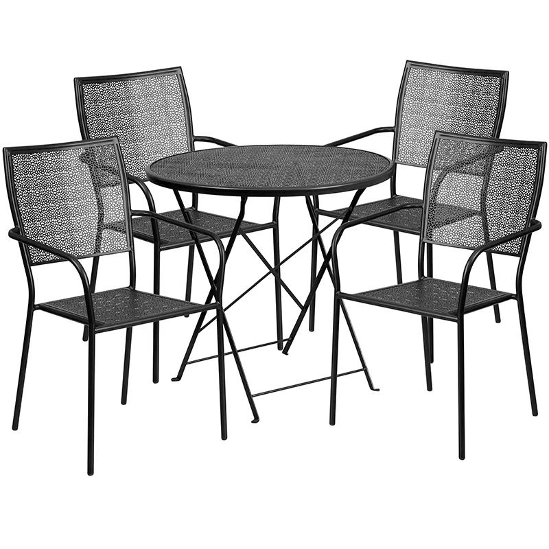 Commercial Grade 30" Round Black Indoor-Outdoor Steel Folding Patio Table Set with 4 Square Back Chairs. The main picture.