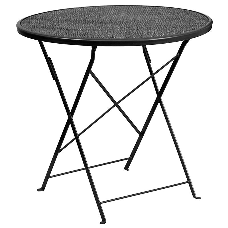 Commercial Grade 30" Round Black Indoor-Outdoor Steel Folding Patio Table Set with 4 Square Back Chairs. Picture 4