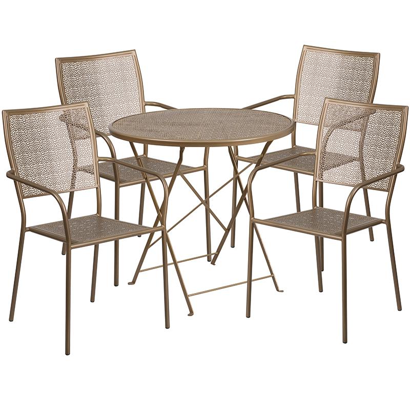 Commercial Grade 30" Round Gold Indoor-Outdoor Steel Folding Patio Table Set with 4 Square Back Chairs. Picture 1