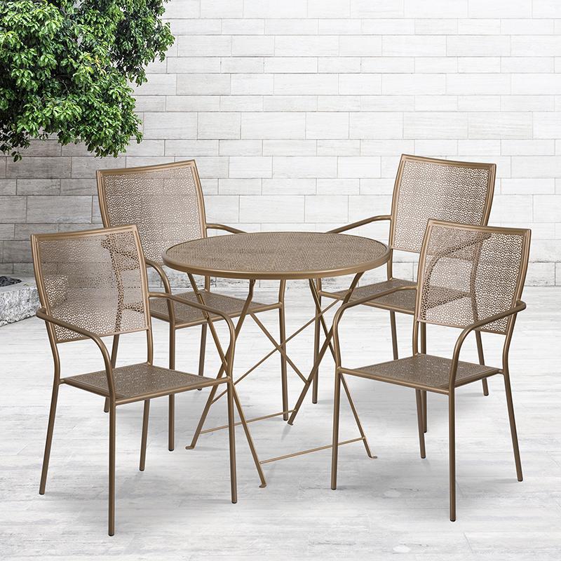 Commercial Grade 30" Round Gold Indoor-Outdoor Steel Folding Patio Table Set with 4 Square Back Chairs. Picture 4