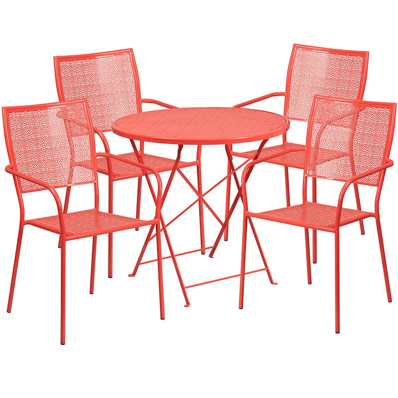 Commercial Grade 30" Round Coral Indoor-Outdoor Steel Folding Patio Table Set with 4 Square Back Chairs. Picture 2