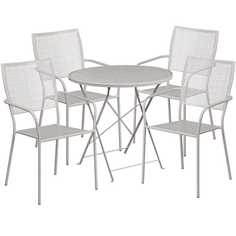 Commercial Grade 30" Round Light Gray Indoor-Outdoor Steel Folding Patio Table Set with 4 Square Back Chairs. The main picture.