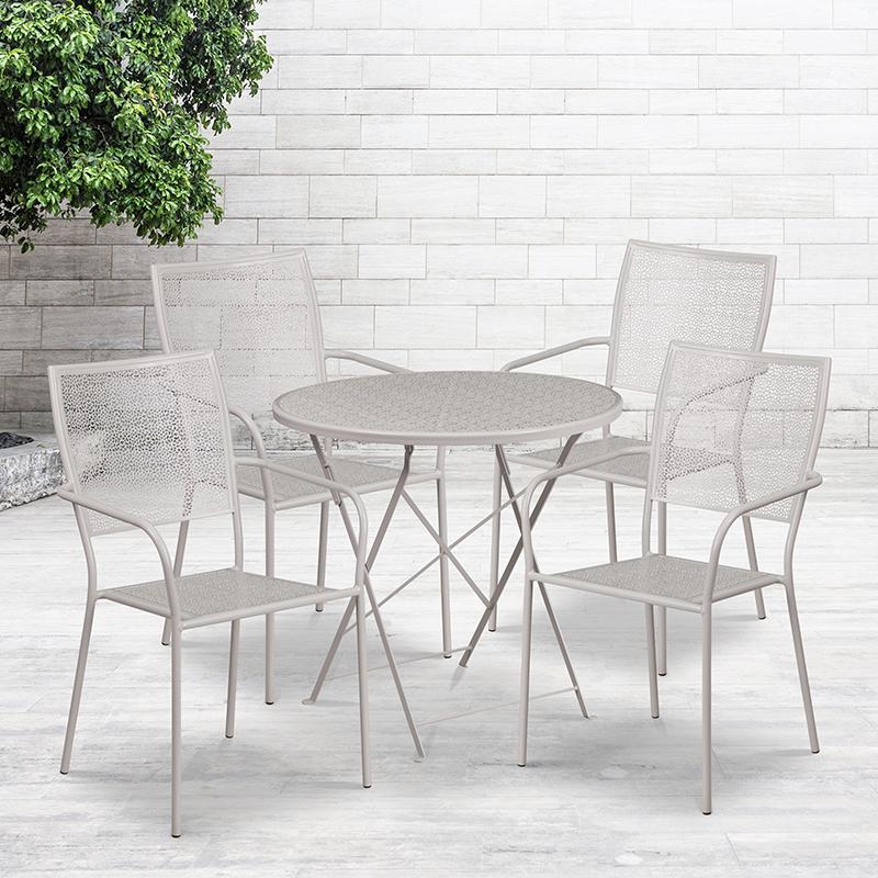 Commercial Grade 30" Round Light Gray Indoor-Outdoor Steel Folding Patio Table Set with 4 Square Back Chairs. Picture 4
