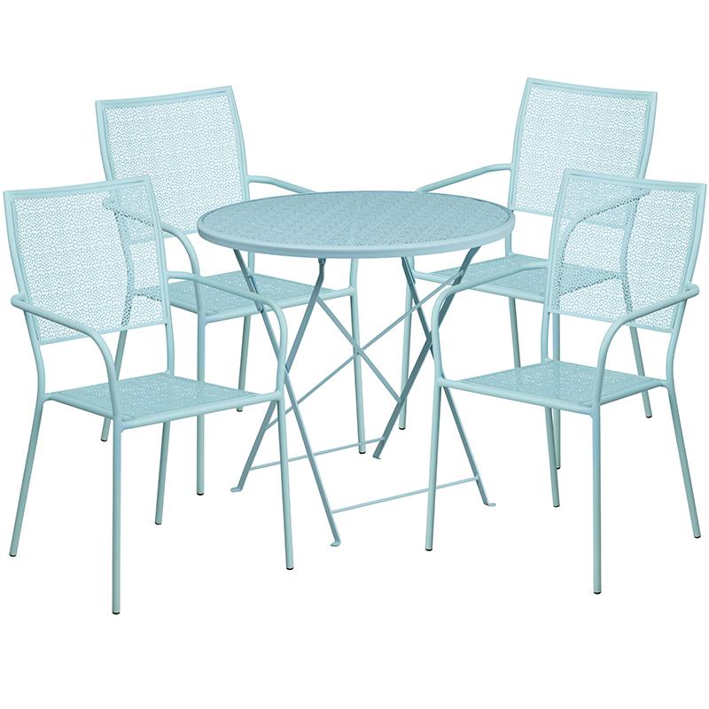 Commercial Grade 30" Round Sky Blue Indoor-Outdoor Steel Folding Patio Table Set with 4 Square Back Chairs. Picture 1