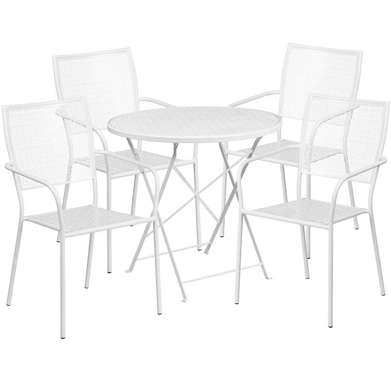 Commercial Grade 30" Round White Indoor-Outdoor Steel Folding Patio Table Set with 4 Square Back Chairs. Picture 1