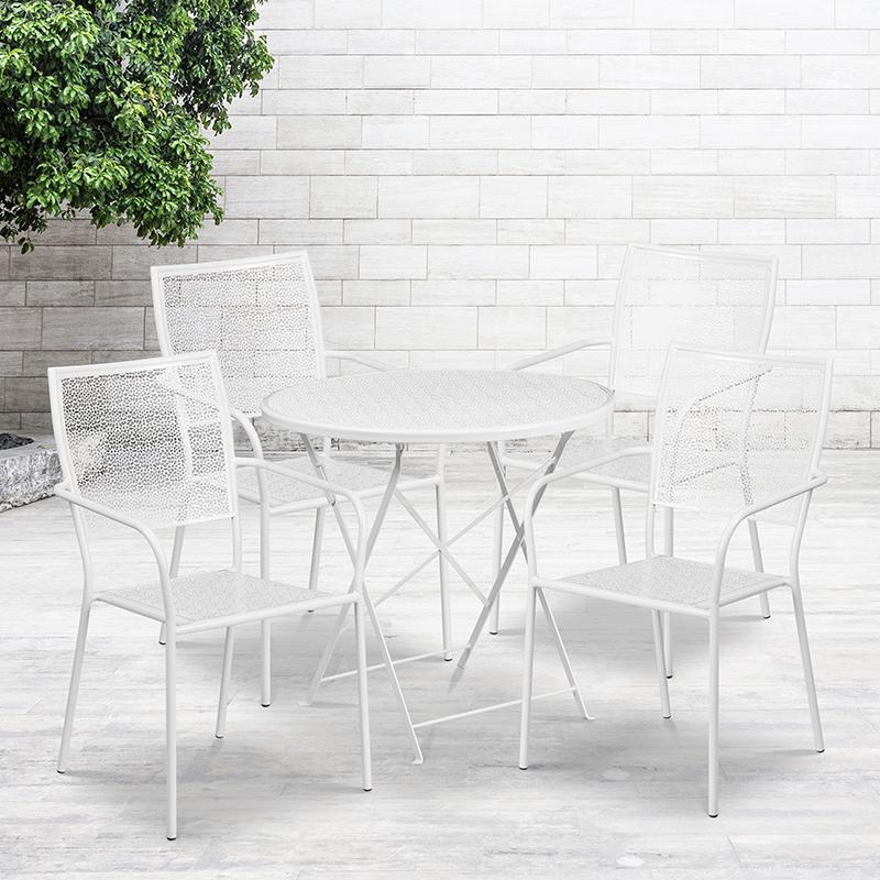 Commercial Grade 30" Round White Indoor-Outdoor Steel Folding Patio Table Set with 4 Square Back Chairs. Picture 4