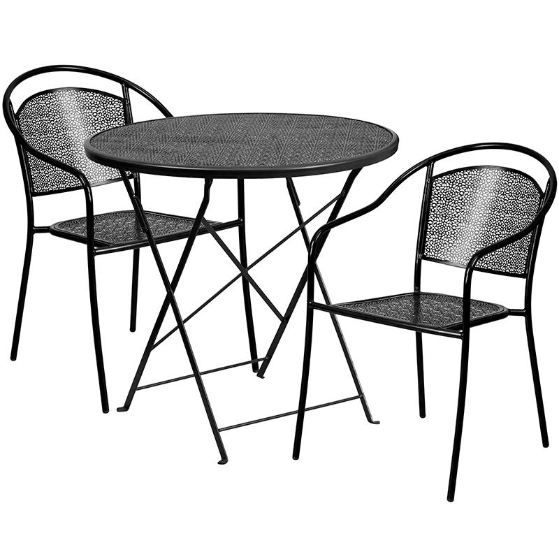Commercial Grade 30" Round Black Indoor-Outdoor Steel Folding Patio Table Set with 2 Round Back Chairs. Picture 1