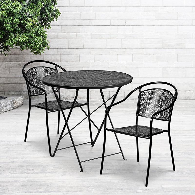 Commercial Grade 30" Round Black Indoor-Outdoor Steel Folding Patio Table Set with 2 Round Back Chairs. Picture 4