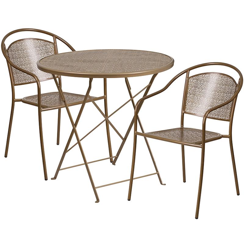 Commercial Grade 30" Round Gold Indoor-Outdoor Steel Folding Patio Table Set with 2 Round Back Chairs. The main picture.
