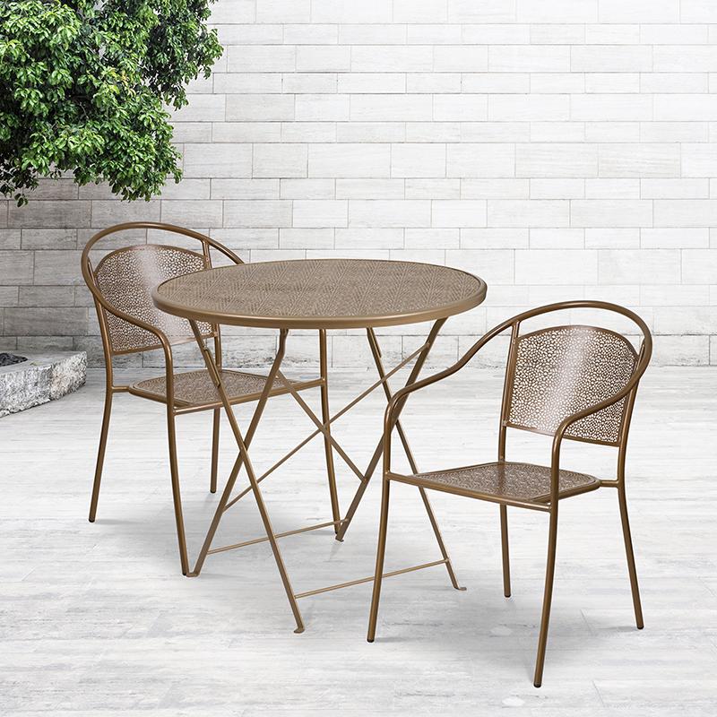 Commercial Grade 30" Round Gold Indoor-Outdoor Steel Folding Patio Table Set with 2 Round Back Chairs. Picture 4