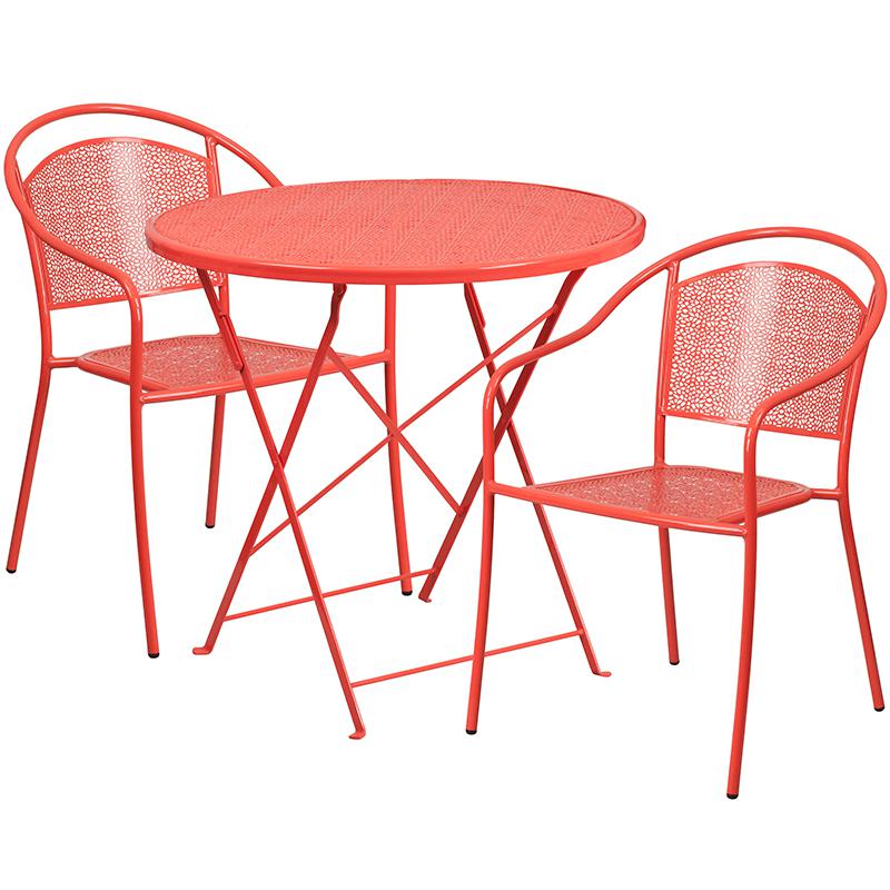 30" Round Coral Indoor-Steel Folding Patio Table Set with 2 Round Back Chairs. Picture 2