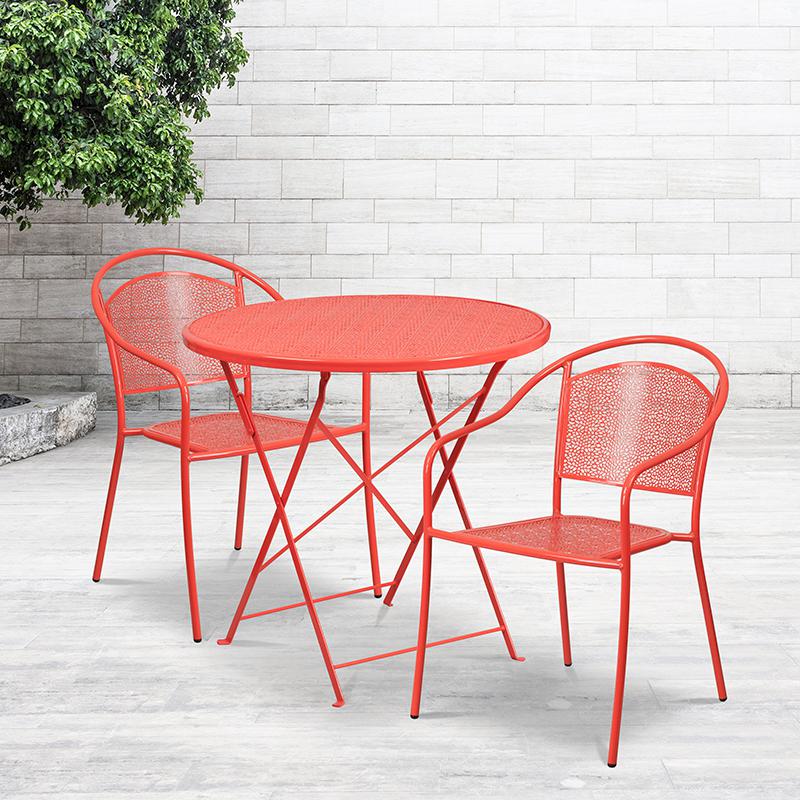 30" Round Coral Indoor-Steel Folding Patio Table Set with 2 Round Back Chairs. Picture 1
