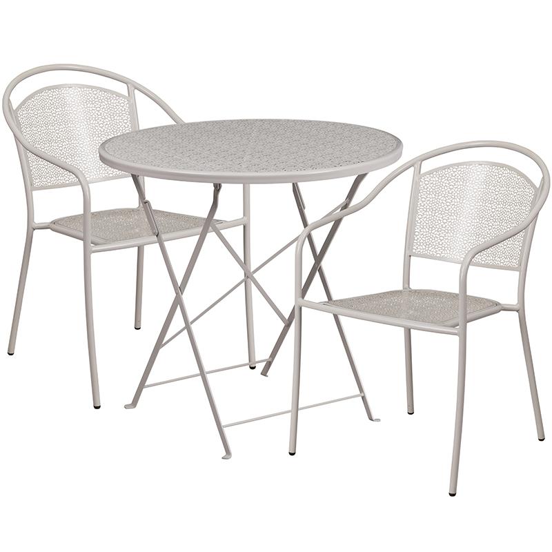 30" Round Light Gray Steel Folding Patio Table Set with 2 Round Back Chairs. Picture 2