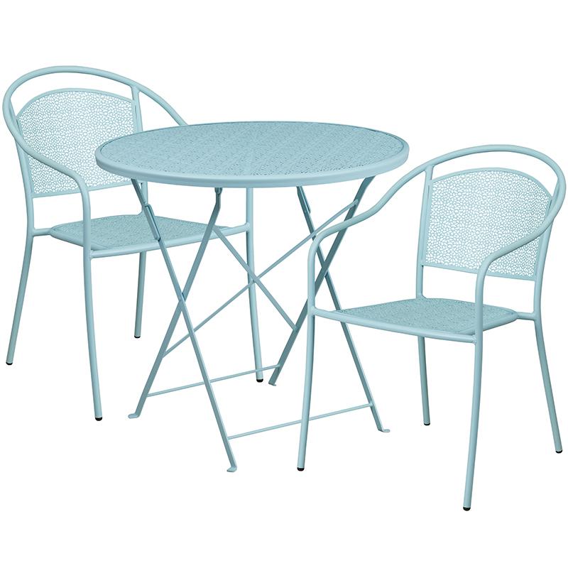 Commercial Grade 30" Round Sky Blue Indoor-Outdoor Steel Folding Patio Table Set with 2 Round Back Chairs. Picture 1