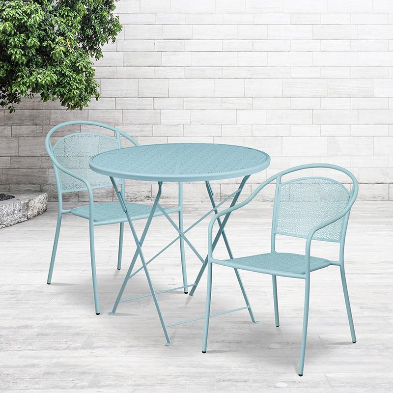 30" Round Sky Blue Indoor-Steel Folding Patio Table Set with 2 Round Back Chairs. Picture 1