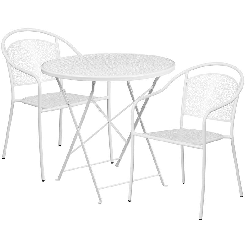 Commercial Grade 30" Round White Indoor-Outdoor Steel Folding Patio Table Set with 2 Round Back Chairs. Picture 2