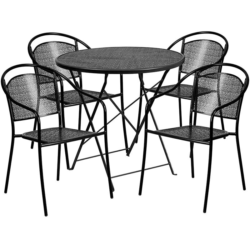 Commercial Grade 30" Round Black Indoor-Outdoor Steel Folding Patio Table Set with 4 Round Back Chairs. Picture 1