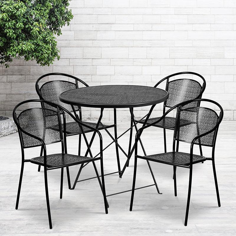 Commercial Grade 30" Round Black Indoor-Outdoor Steel Folding Patio Table Set with 4 Round Back Chairs. Picture 4