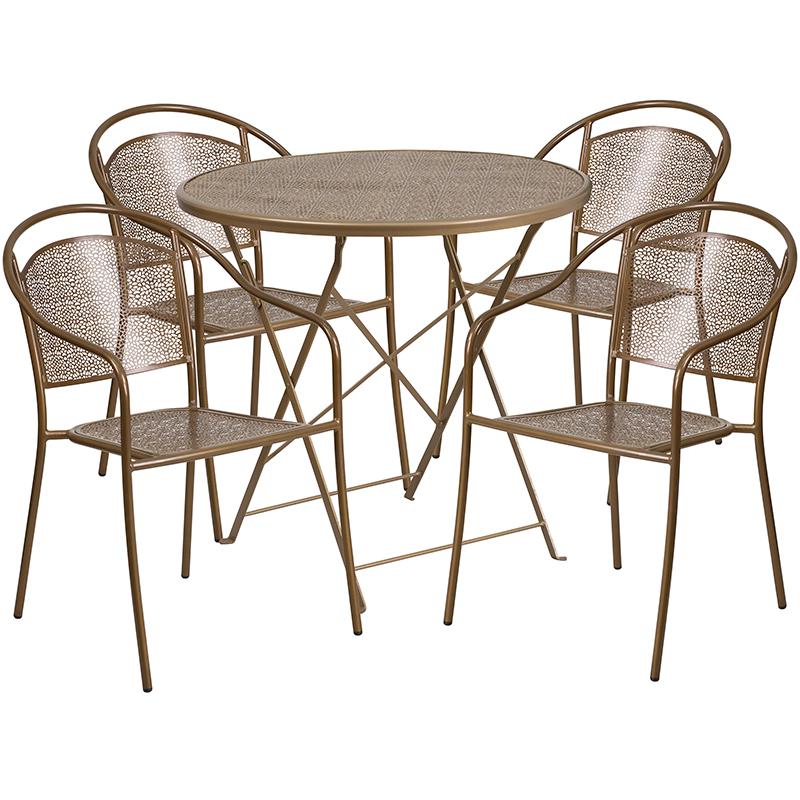 Commercial Grade 30" Round Gold Indoor-Outdoor Steel Folding Patio Table Set with 4 Round Back Chairs. Picture 2