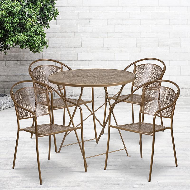 30" Round Gold Indoor-Steel Folding Patio Table Set with 4 Round Back Chairs. Picture 1