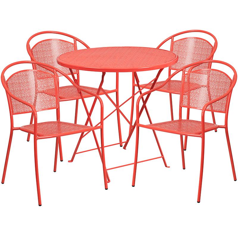 Commercial Grade 30" Round Coral Indoor-Outdoor Steel Folding Patio Table Set with 4 Round Back Chairs. Picture 1