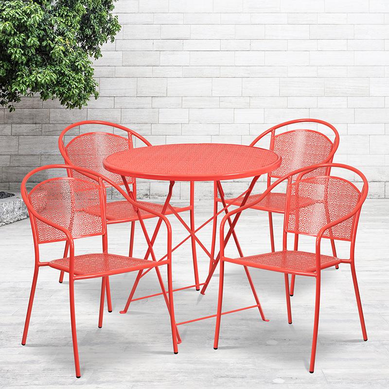 Commercial Grade 30" Round Coral Indoor-Outdoor Steel Folding Patio Table Set with 4 Round Back Chairs. Picture 4