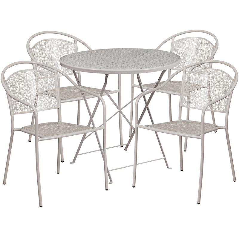 Commercial Grade 30" Round Light Gray Indoor-Outdoor Steel Folding Patio Table Set with 4 Round Back Chairs. Picture 1